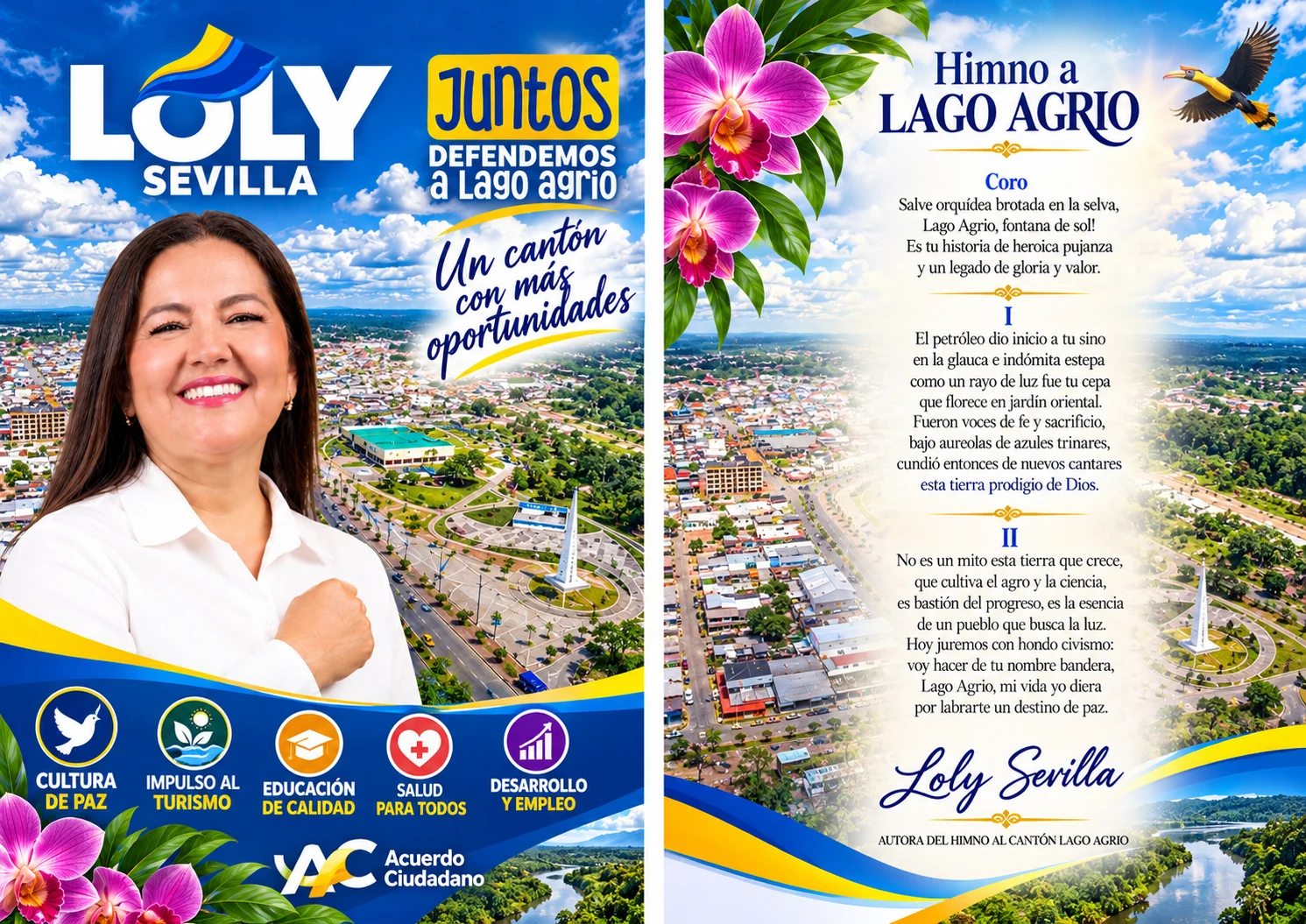 Loly Sevilla junto a una vista aérea de Lago Agrio